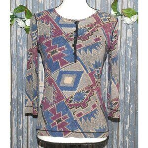 Vintage Aztec Ralph Lauren Ladies Knit Top Size M 3/4 Sleeve Stretch 1/4 Button